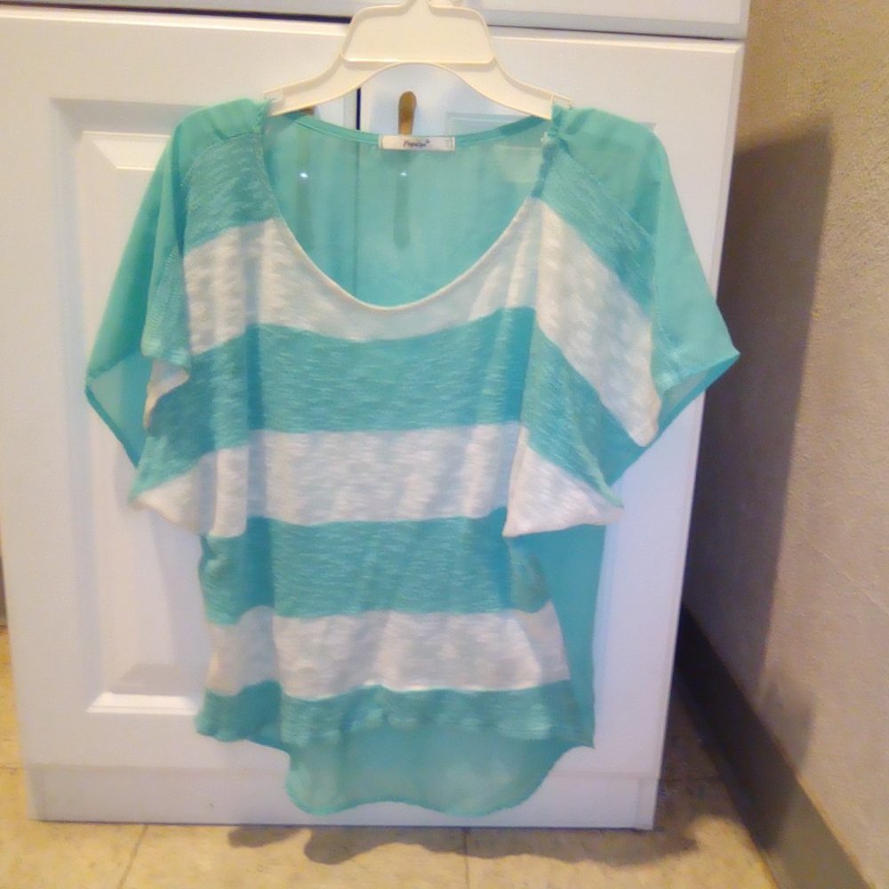 Crochet Teal &White Striped &Teal Sheer Back Blouse By Papaya U.S.A 3/$10